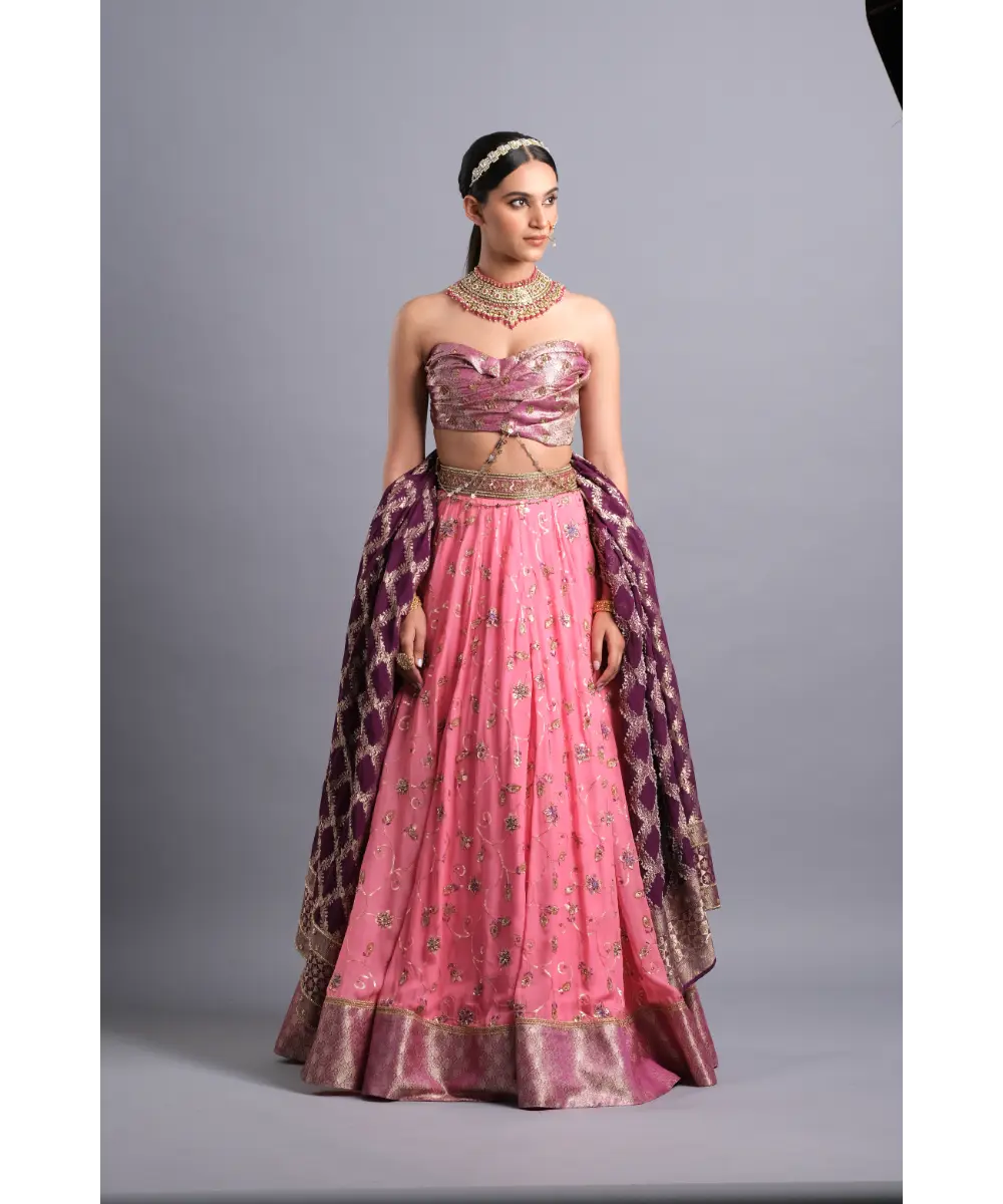 AASTHA SOOD - Bubblegum pink georgette Zardozi Lehenga - Enhanced